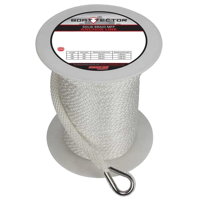 Extreme Max 3006.3462 BoatTector Solid Braid MFP Anchor Line with Thimble - 1/2" x 150', White