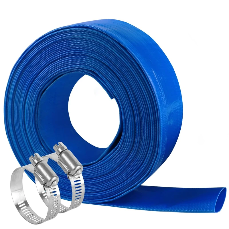 2" x 100 FT Heavy Duty Pool Backwash Hose, Reinforced PVC Lay Flat Discharge Hose, Weather Resistant & Burst Resistant, with Hose Clamp