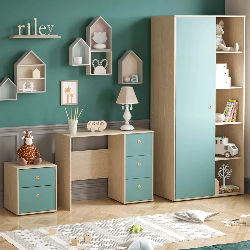 Junior Vida Neptune 3 Piece Bedroom Furniture Set 2 Drawer Bedside Table Cabinet, 3 Drawer Desk, 1 Door Wardrobe (Blue & Oak)