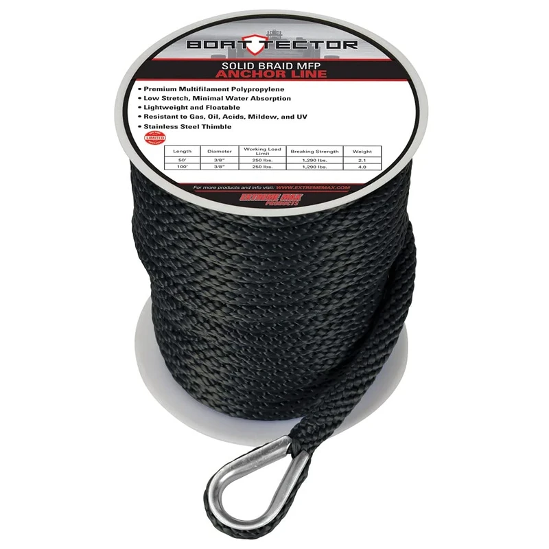 Extreme Max 3006.3468 BoatTector Solid Braid MFP Anchor Line with Thimble - 1/2" x 100', Black