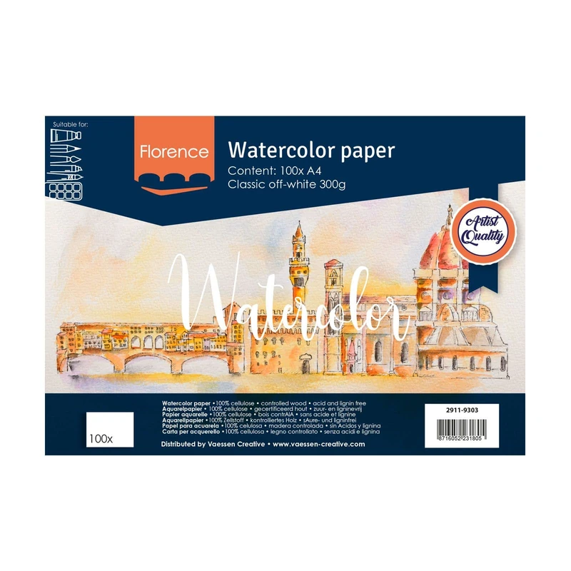 Vaessen Creative Florence Watercolour Paper A4, Off-White, 300 GSM, Textured Surface, Artist Grade Quality, 100 Sheets for Painting, Handlettering and Art Projects