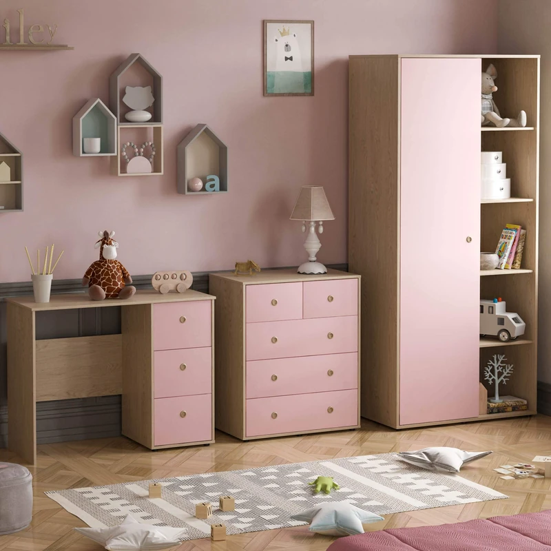 Junior Vida Neptune 3 Piece Bedroom Furniture Set 5 Drawer Chest, 3 Drawer Desk, 1 Door Wardrobe (Pink & Oak)