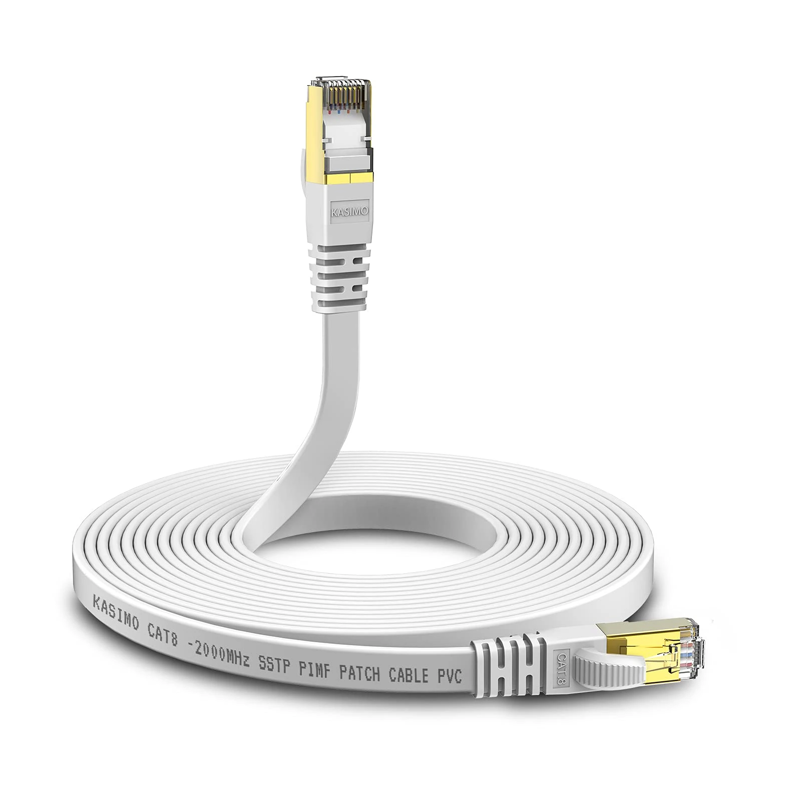 KASIMO Cat 8 Flat Ethernet Cable 1M Cat8 Internet LAN Cable 40Gbps 2000MHz High Speed Network Patch Cable White SSTP Ethernet Cord with RJ45 Gold Plated Connector for Router Modem Switch Gaming