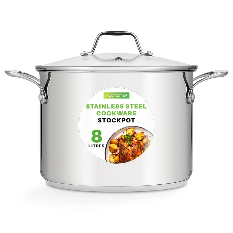 NutriChef Large Stainless Steel Stock Pot with Lid - Big Soup Pot, Heavy Cooking Pot with Glass Lid - Stew Pot, Cookware Induction Pot, Mirror Finish Stockpot, Deep Casserole Pot, 8-Qt / 7.5 Litre