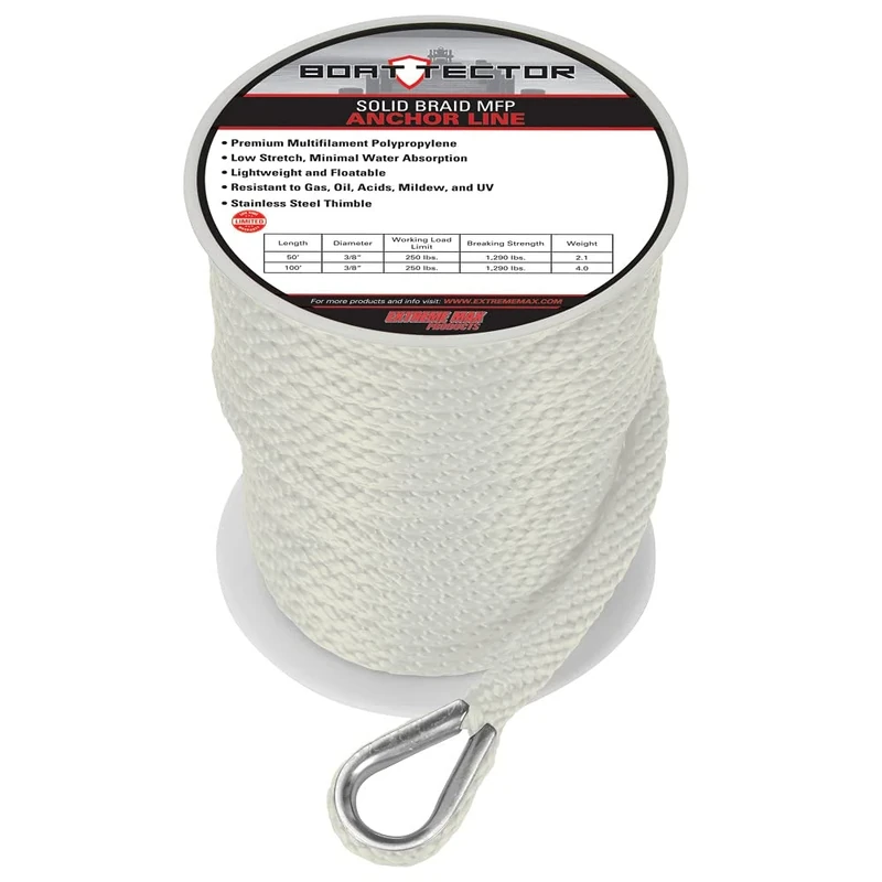 Extreme Max 3006.3458 BoatTector Solid Braid MFP Anchor Line with Thimble - 1/2" x 100', White