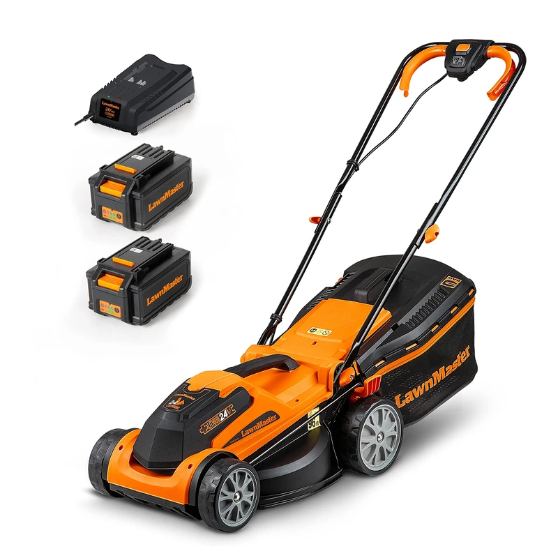 LawnMaster CLMF2434G Cordless Lawnmower 24V Max 2 x 4.0Ah Battery, 34 cm, Up to 300 m² Mulching 32L, Cutting Height at 6 Levels 20-70 mm 2 Years Warranty