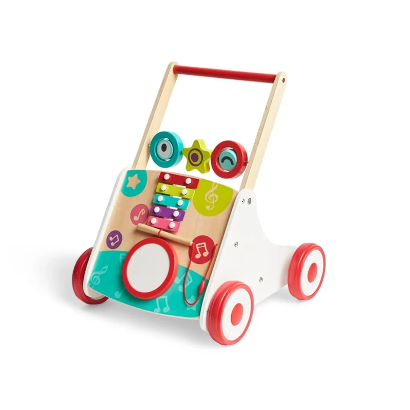 Hape My First Musical Walker | Wooden Push Along Baby Walker Trainer with Music Box & Activities, 10 Months and Up, Colourful