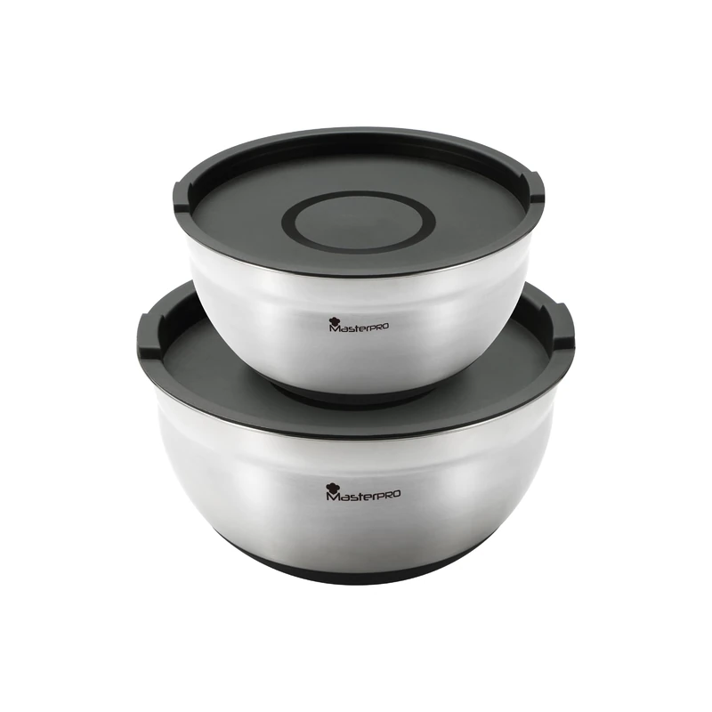 MasterPRO Foodies Collection - Set of 4 Stainless Steel Mixing Bowls with Lid - Measuring Scale - Non-Slip Base - Durable and Stylish