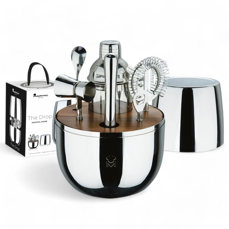 MasterPRO The Drop Women's 6-Piece Stainless Steel Cocktail Set – Includes Strainer, Bottle Opener, Long Spoon, Cocktail Shaker, Jigger, Shredder – Elegant and Professional