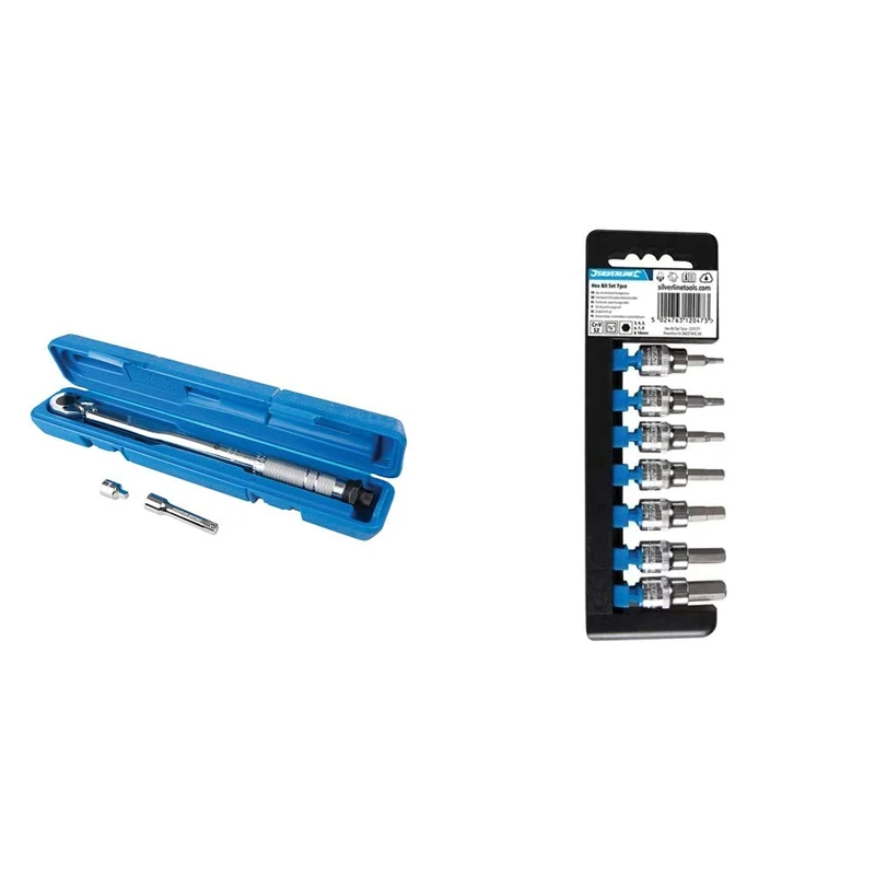 Silverline 962219 Torque Wrench 20-110 Nm 3/8", Silver & 225127 Hex Bit Set 3/8" Drive 7pce Hex 3-10 mm