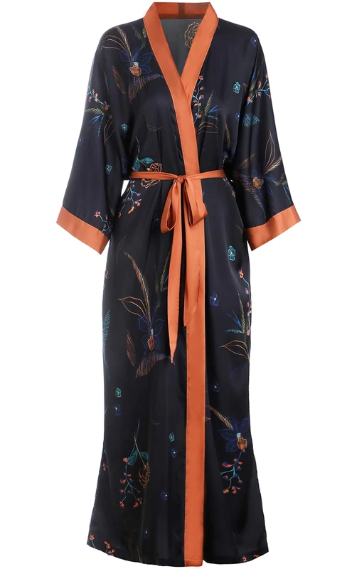 Aensso Long Soft Lightweight Silky Kimonos Robes for Women, Luxury Japanese Floral Womens Kimono Robe, Night Flowers, One Size