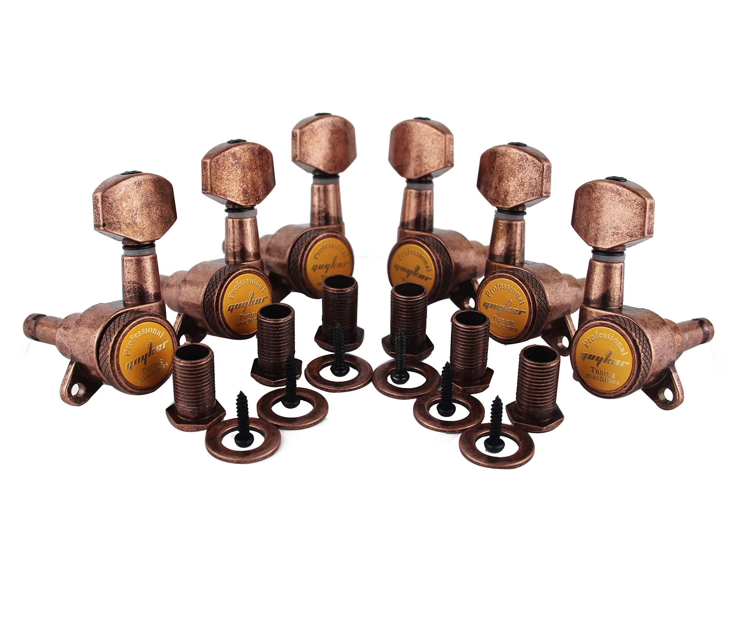 Guyker Guitar Locking Tuners (3L + 3R) - 1:18 Lock String Tuning Key Pegs Machine Head Replacement for ST TL SG LP Style Electric, Folk or Acoustic Guitars - Antique Bronze