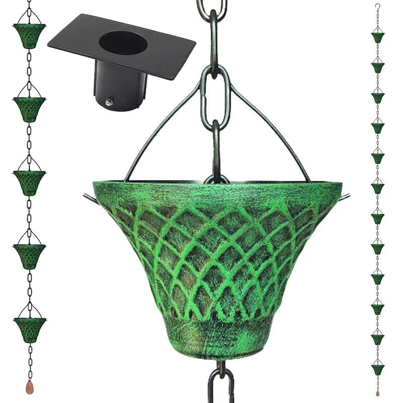 LEPTALINA 8.5FT Antique Green Colored Iron Rain Chains for Gutter and Rain Barrel | Rust-Resistant Plated Garden Décor for Downspout | Bonus Rain Chain Gutter Adapter