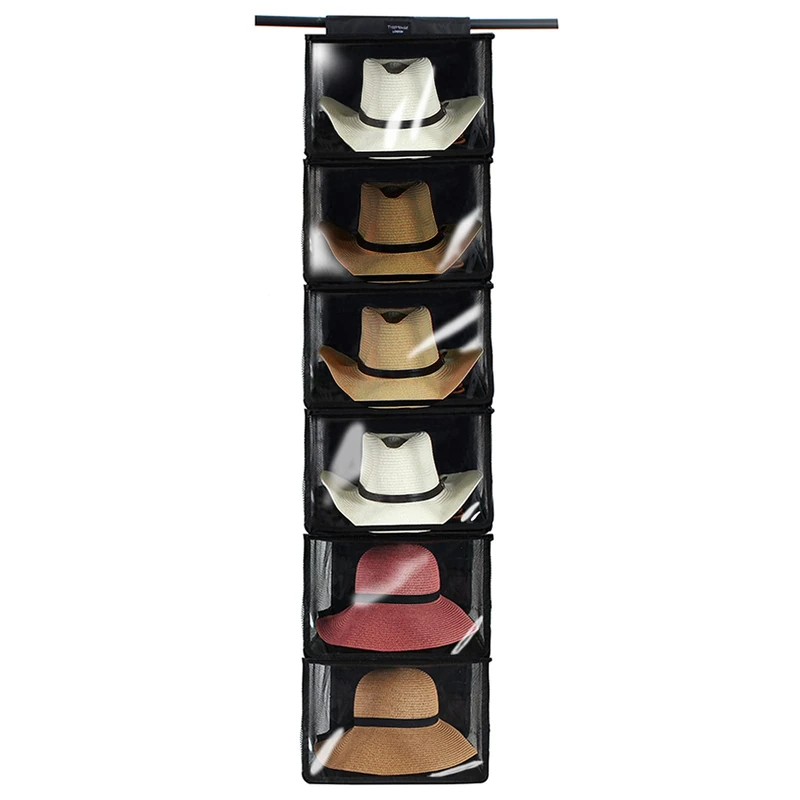 TreeHouse London Cowboy Hat Rack for Closets, 6 Shelf Cap Organizer, Woven Fabric and Mesh, Wardrobe Hanging Western Hat Holder for Wide Brimmed Hats, Large Hat Storage Rack, Black