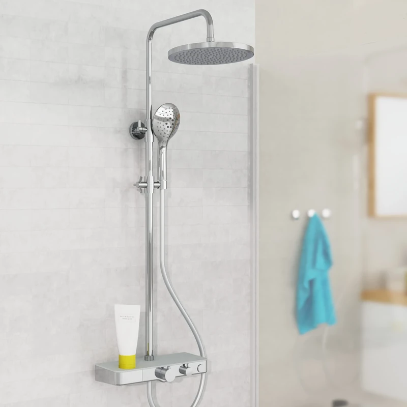 EISL Futura DX1105CST Wellness Shower System with Thermostat Glass Shelf, Shower Panel with Fittings, Complete Shower Set (Rain Shower with Wall Mount, Shower Column, Shower Fitting) Grey Chrome