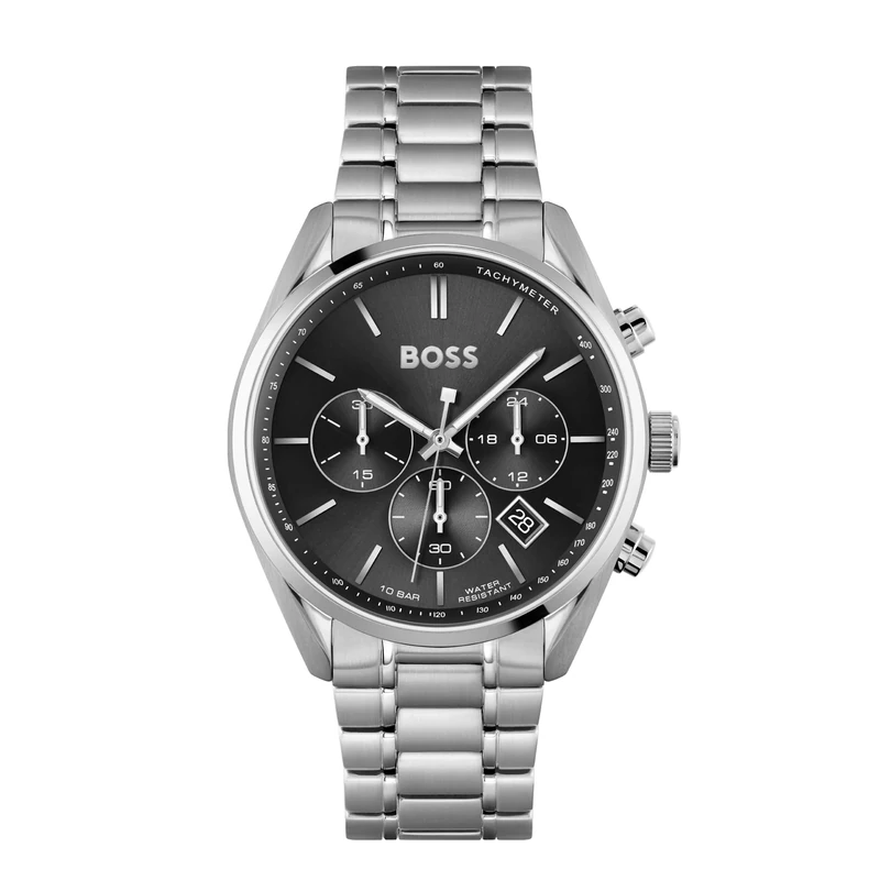 BOSS Men's 44mm Chronograph Quartz Watch Champion Collection with Black Sunray Dial and Stainless Steel Bracelet, Date Fuction, 3 Sub-Dials, 10ATM Water Resistance - 1513871