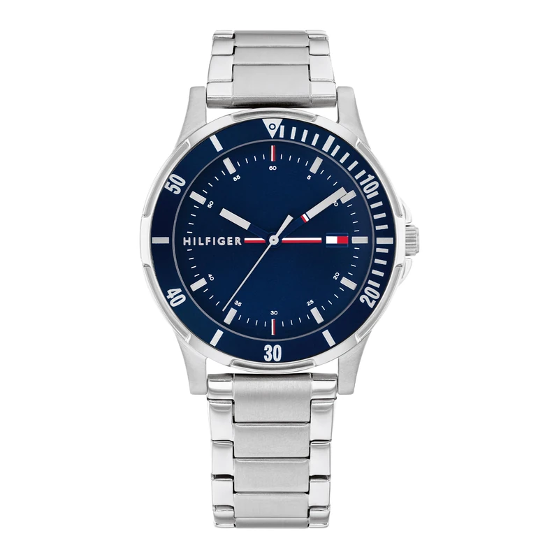 Tommy Hilfiger Boys Watch with Blue Dial, Stainless Steel Bracelet, 34mm Stainless Steel Case, Aluminium Bezel, 3-Hand Quartz Movement, 5 ATM Water Resistance - 1720018