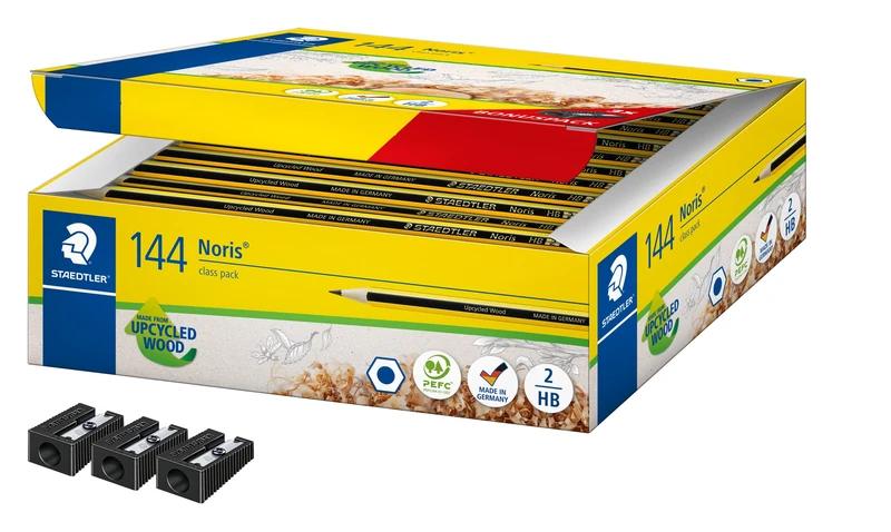 Staedtler Noris pencils, school box set with 144 incredibly break-resistant pencils in hardness grade HB and 3 sharpeners, high quality, made in Germany, economy pack, 120 C144P1