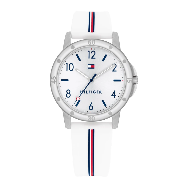 Tommy Hilfiger Girls Watch with Silver Dial, White Silicone Strap, 32mm Silver-Tone Case, 3 Hand Quartz Movement, 3ATM Water Resistant - 1720014