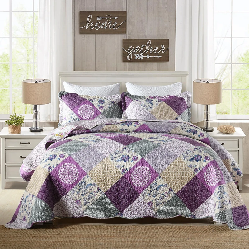 HoneiLife Quilt Set King Size - 3 Piece Microfiber Quilts Reversible Bedspreads Patchwork Coverlets Floral Bedding Set All Season Quilts- Late Spring,King