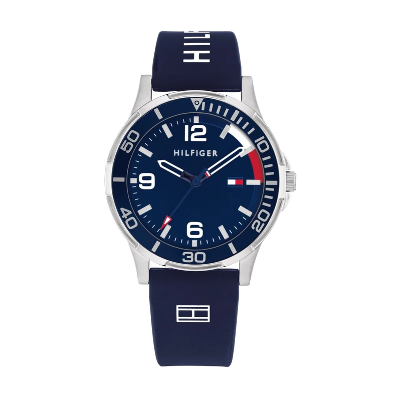 Tommy Hilfiger Boys Watch with Blue Dial, Blue Silicone Strap, 34mm Stainless Steel Case, Aluminium Bezel, 3 Hand Quartz Movement, 5 ATM Water Resistance - 1720016