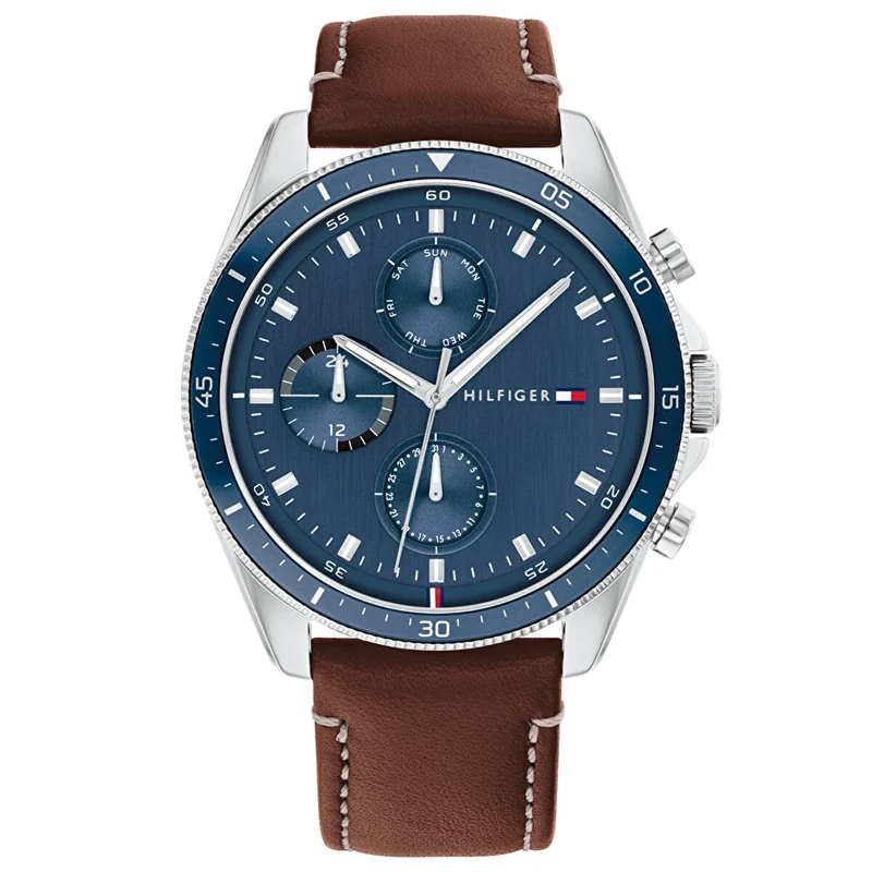 Tommy Hilfiger 44mm Blue Dial Watch - Brown Leather, 5ATM - 1791837