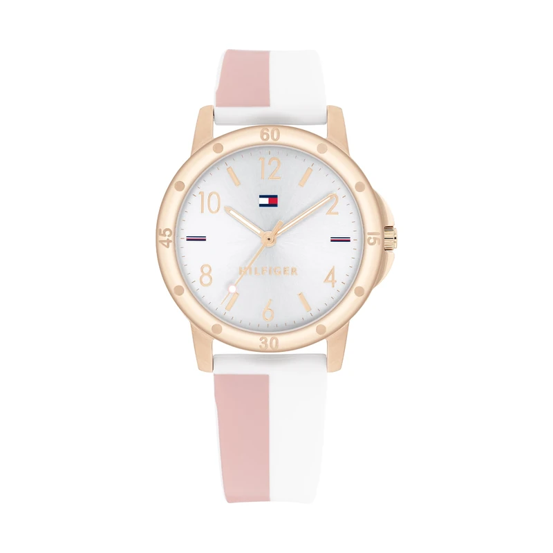 Tommy Hilfiger Girls Watch with Silver Dial, White and Pink Silicone Strap, 32mm Carnation Gold-Tone Case, 3 Hand Quartz Movement, 3 ATM Water Resistant - 1720015