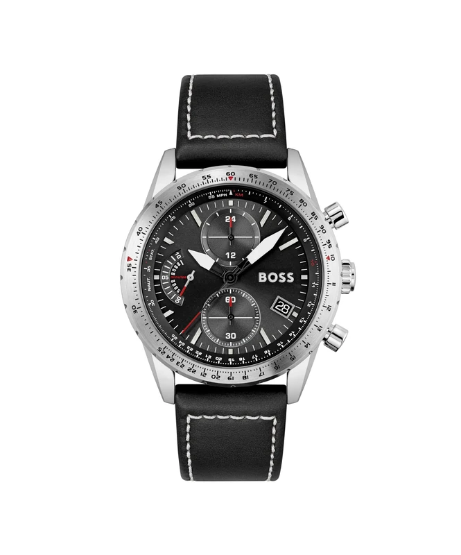BOSS Men's 44mm Pilot Chronograph Quartz Watch - Black Dial Leather