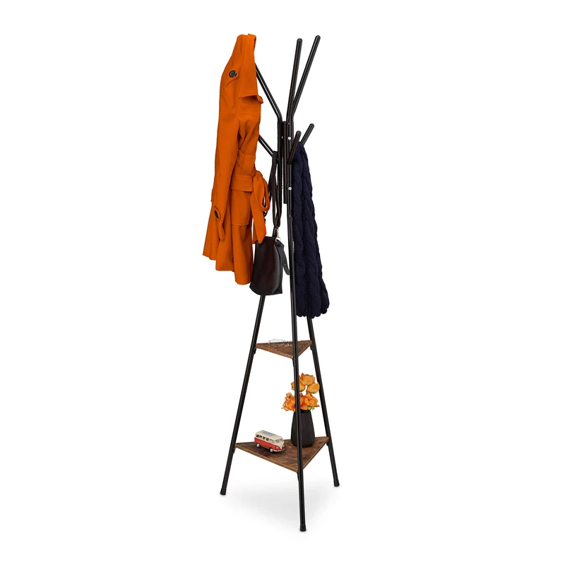 Relaxdays Coat Stand Industrial Design, Jacket Rack with 2 Shelves, Metal & MDF, HxWxD: 181.5 x 50 x 43 cm, Black/Brownx