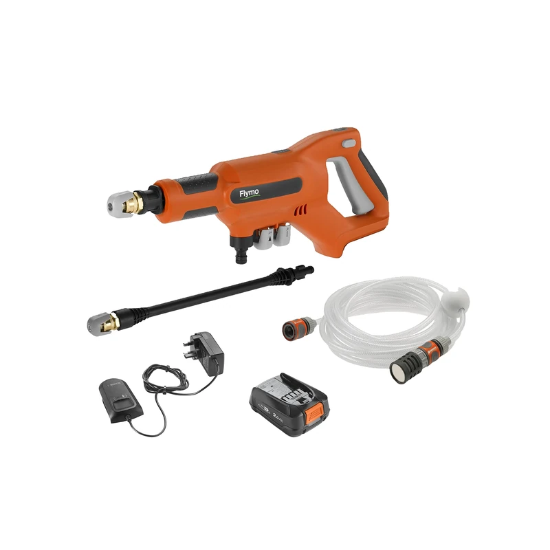 Flymo EasiClean Li Portable Pressure Cleaner - 18V Battery with Charger, 200l/h Flow Rate, 6m Hose Length, 3 Nozzle Attachments - Image 1