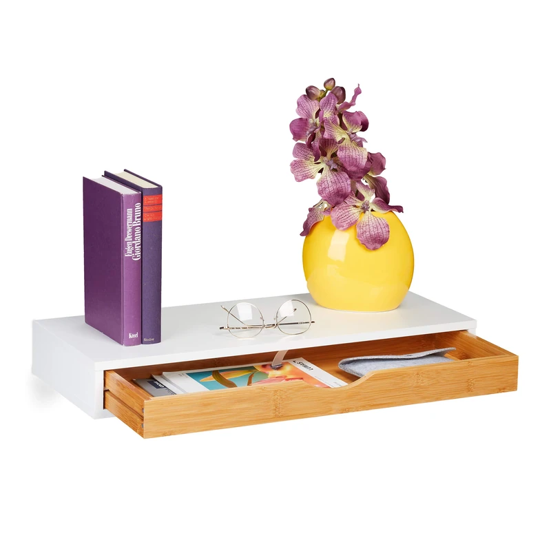 Relaxdays Floating Shelf with Drawer, HxWxD: 8 x 60 x 24 cm, Scandinavian Design, Storage, MDF, Bamboo, White/Natural