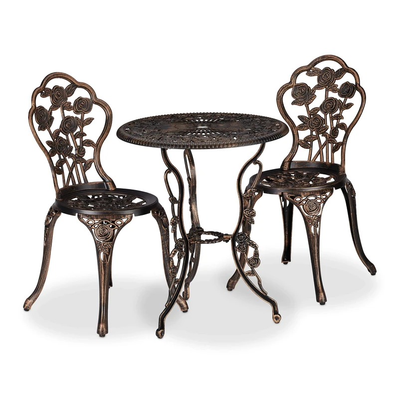 Relaxdays Garden Furniture Set, 3 Pieces, Round Table, 2 Chairs, Antique Metal Design, Cast Aluminium, Vintage Bronze