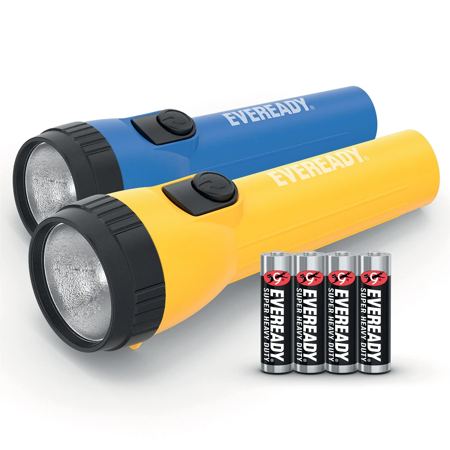 Energizer Eveready LED Torch (2 Pack), Super Bright Flashlight for Outdoors, Camping and Gifts (4 AA Batteries Included), Blue/Yellow