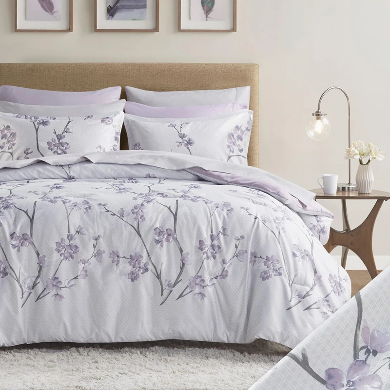 Comfort Spaces Cozy Comforter with Complete Sheet Set with Side Pocket, All Season Cover, Matching Shams, Microfiber, Kate, Grey/Purple, Queen(90"x90")