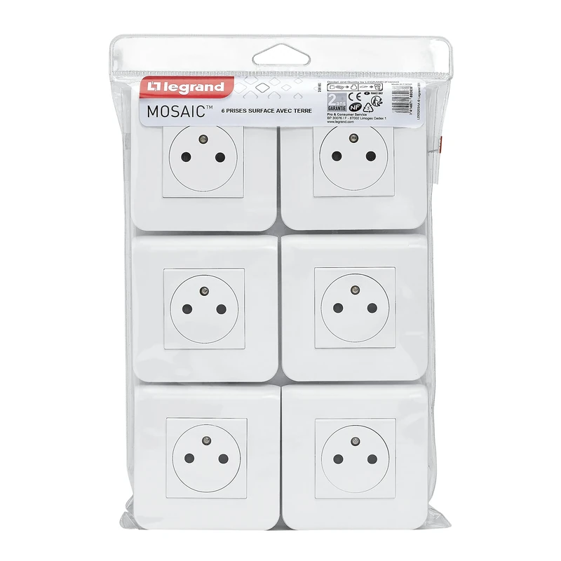 LEGRAND - Mosaic Surface Earth Wall Socket - 2P+T Socket + Finish Plate + Screw Mounting Bracket - Made in France - White - Pack of 6