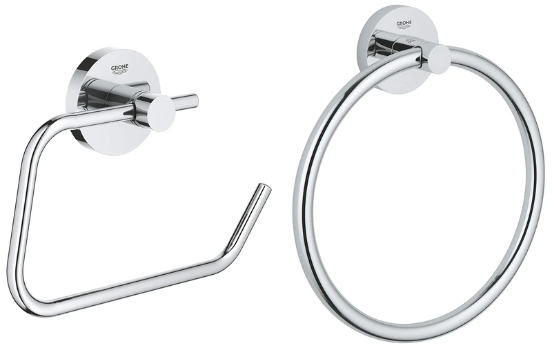 GROHE 40689001 Essentials Paper Roll, Silver & 40365001 Essentials Towel Ring Silver