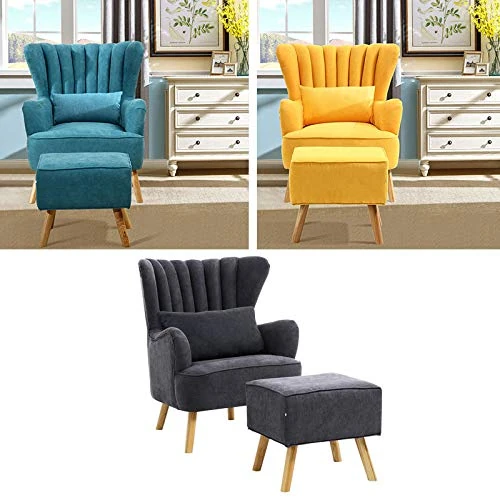 INMOZATA Armchair with Footstool Black Linen Fabric Occasional Accent Chairs Stunning Shell Wingback Tub Chair with Wood Legs for Living Room Bedroom Lounge (Black)