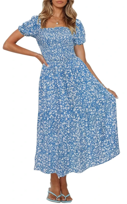 ZESICA Women's 2023 Summer Boho Floral Print Square Neck Ruffle Swing Beach Long Maxi Dress, Sky Blue, Medium