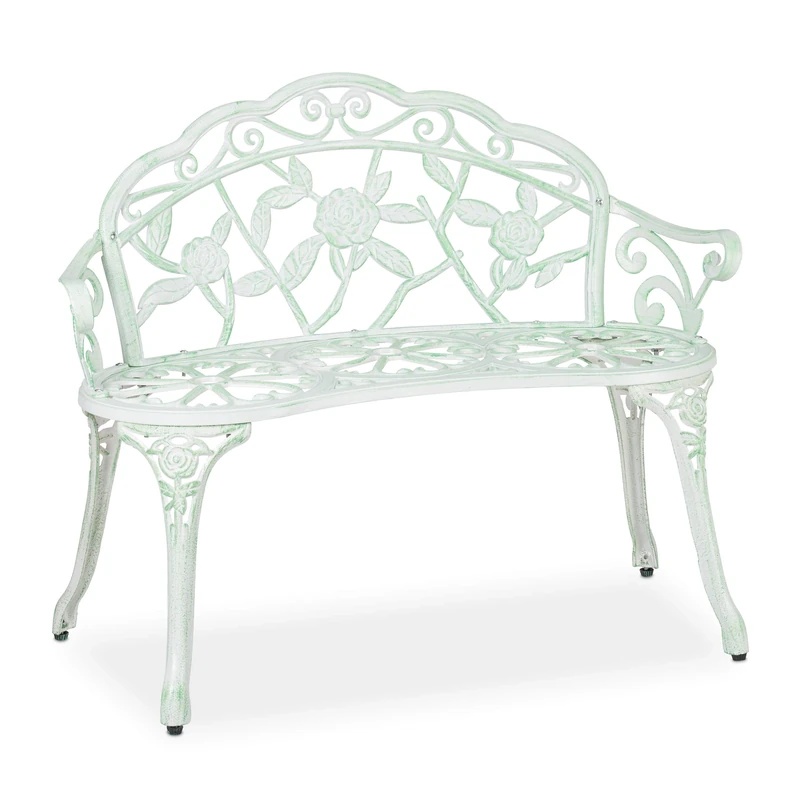 Relaxdays Garden Bench, 2 Seater, Ornamental, Terrace, Balcony, Cast Aluminium, Antique Look, 78x98x55.5 cm, White/Green