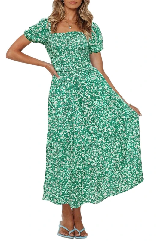 ZESICA Women's 2025 Summer Boho Floral Print Square Neck Ruffle Swing Beach Long Maxi Dress, Green, Small
