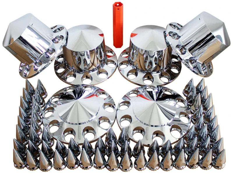 MRJLK Chrome ABS Complete Axle Cover Set with Hub Caps and 33mm Screw-On Spiked Lug Nut Covers for Semi Trucks (2 Front and 4 Rear)