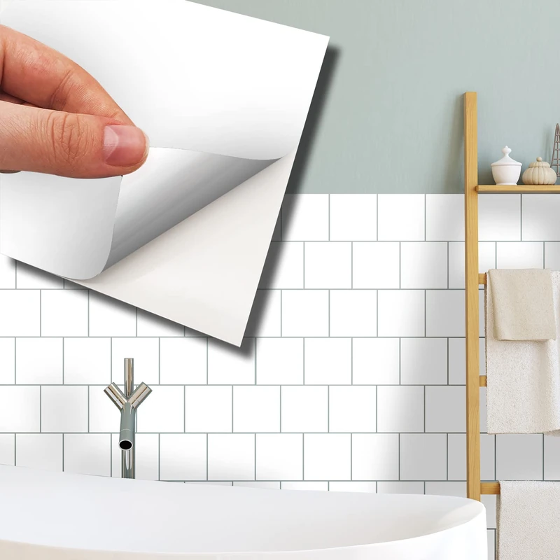 WALPLUS 15cm(6")@120pcs Colour Block Tile Sticker Premium White Wall Tile Sticker Tile Paint Stick on Tiles Peel and Stick Self Adhesive Wall Tile Sticker for Kitchen Bathroom Tile Transfer Backsplash