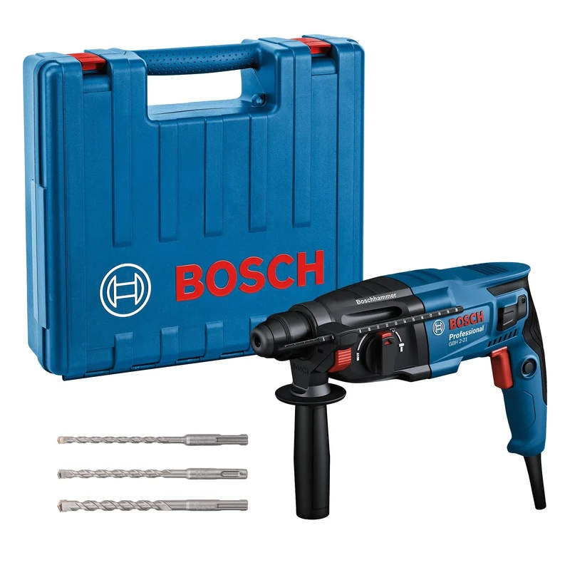 Bosch Professional GBH 2-21 hammer drill (with SDS plus, incl. 3x SDS plus drill bits (6/8/10 mm), auxiliary handle, machine cloth, depth stop, in carrying case)