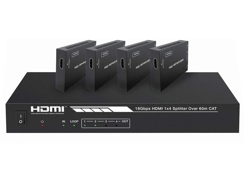 Monoprice Blackbird 4K HDMI 2.0 1x4 Splitter Extender Kit | 18Gbps, HDR, 4K@60Hz, Cat7 With IR, Loop Out, EDID, POC & 4 Receivers, Up to 60 Meter (197ft)