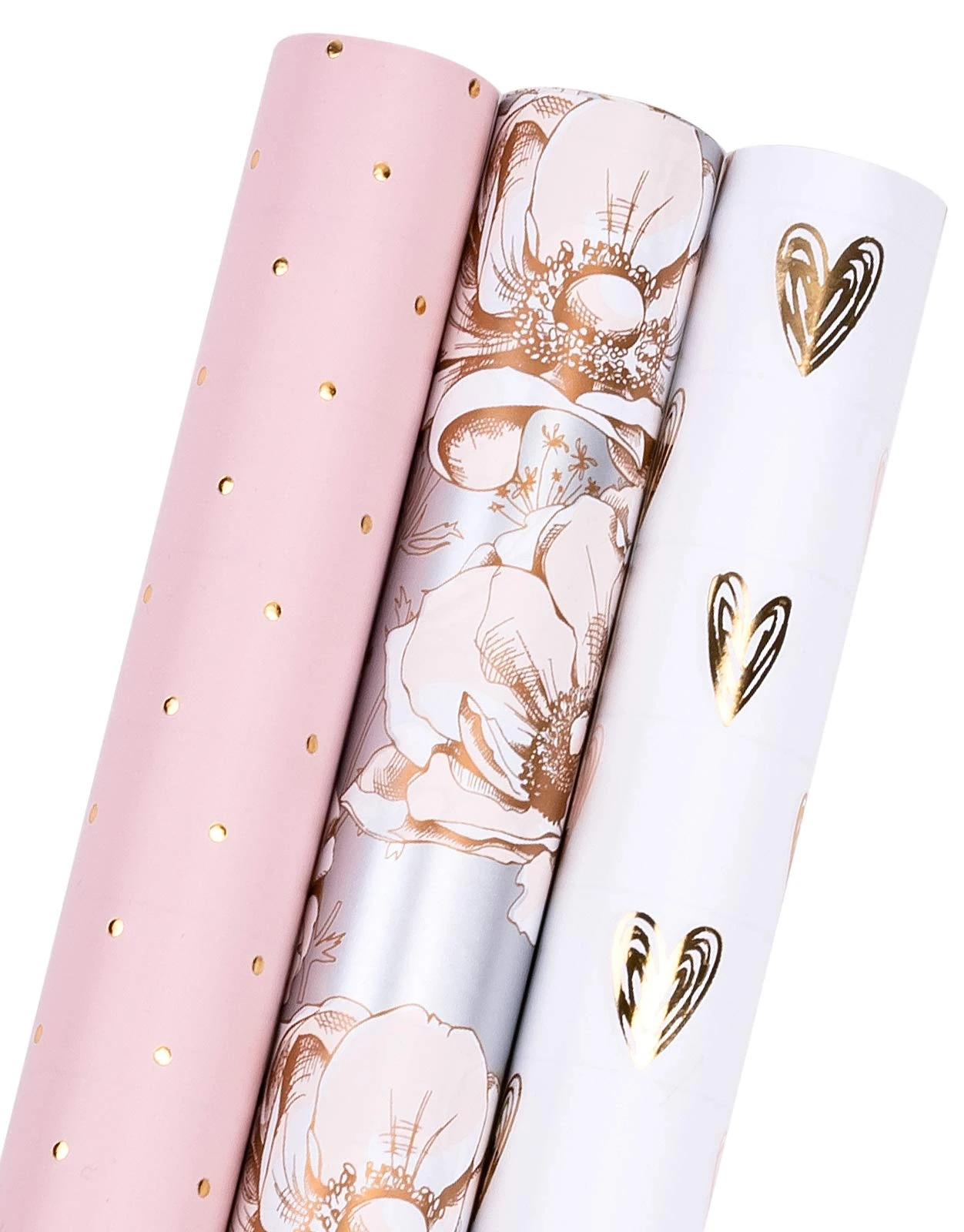 RUSPEPA Wrapping Paper Roll - Mini Roll - 43.2 cm X 3.05 m Per roll - 3 Different Pinke and Gray Floral Design (42.5 sq.ft.ttl)
