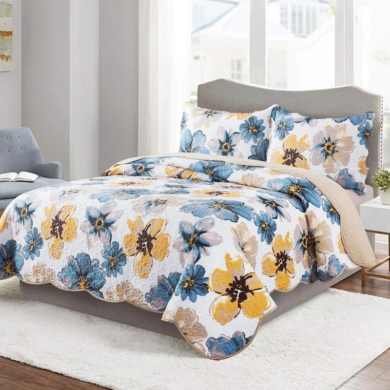 HoneiLife Quilt Set King Size - 3 Piece Microfiber Quilts Reversible Bedspreads Patchwork Coverlets Floral Bedding Set All Season Quilts- Splash-Ink Painting