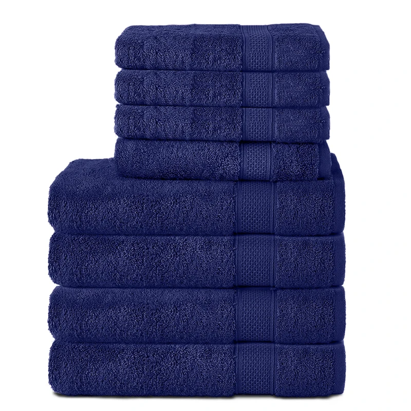 Komfortec Set of 8 Hand Towels 100% Cotton, 4 Bath Towels 70 x 140 cm and 4 Hand Towels 50 x 100 cm, Terry Clothing, Soft, Towel, Large, Navy Blue
