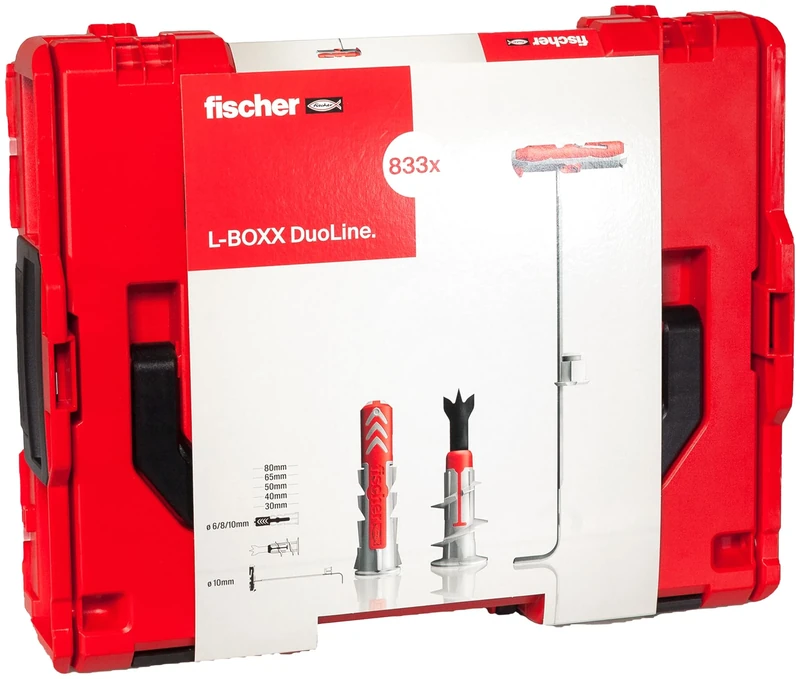 fischer - DuoLine L-Boxx, Assorted Boxes DuoPower, DuoTec and DuoBlade dowels, dowels for plasterboard, Bricks, Concrete, Diameter 6, 8, 10, Rigid and Stackable Boxes of 833 Pieces Red/Grey