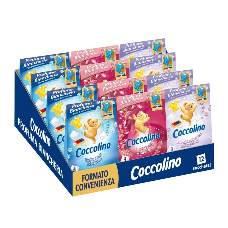 Coccolino Fragrance Linen, 3 Bags per Pack of Assorted Fragrances, Spring Perfume, Tiara Flowers & Red Fruits, Ylang Ylang, Pack of 12 for a Total of 36 Bags