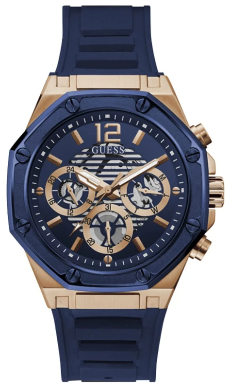 GUESS 44mm Multifunction Skeletonized Watch, Blue/Rose Gold-Tone, One Size, Quartz Watch
